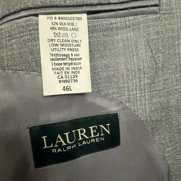 Lauren Ralph Lauren Blazer Men Size:46L Gray Plaid Silk Wool Blend 2 Vents